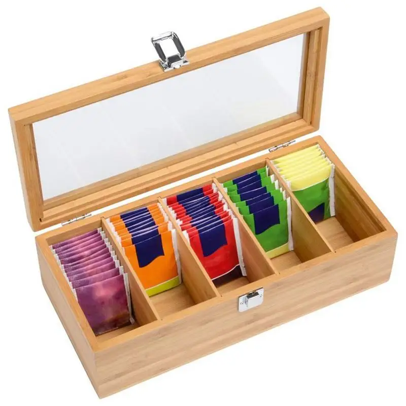 LKQBBSZ Tea Bag Jewelry Organizer Storage Box, Bamboo System, 5 Compartments Tea Box, Wood Sugar Packet Container