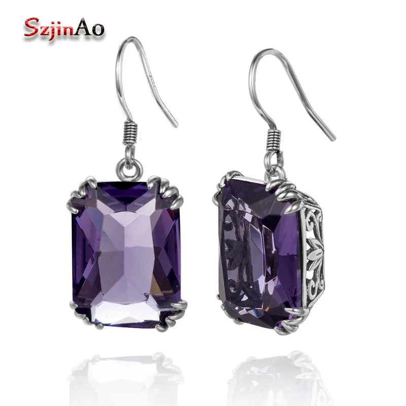 

Szjinao Purple Amethyst Earrings Handmade Vintage Silver Earrings For Women Real 925 Sterling Silver Gemstone Fine Jewelry Retro