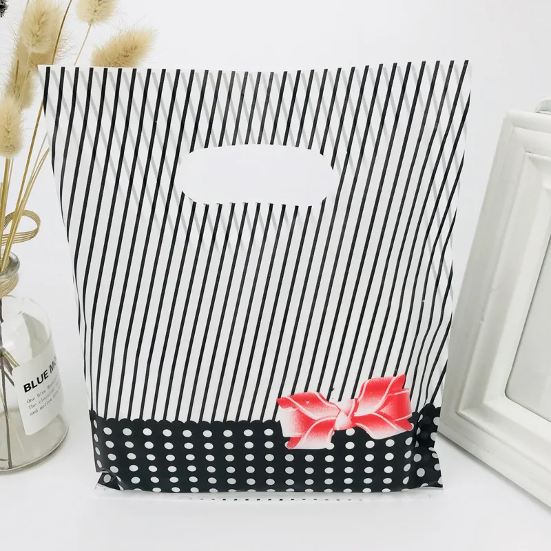 Black Striped Dot Plastic Gift Bag with Handle, 20x25cm, Jewelry Bag, Wedding, Christmas, 100Pcs