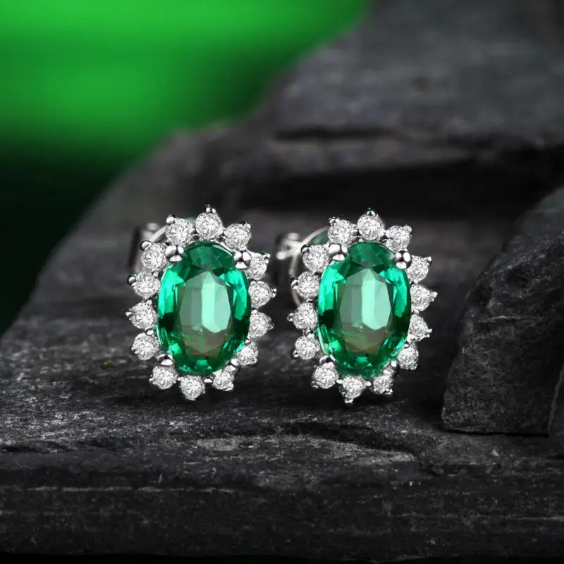 

LANMI Genuine Emerald Stud Earring Real 18Kt White Gold Natural Diamond& Emerald Earrings for Women