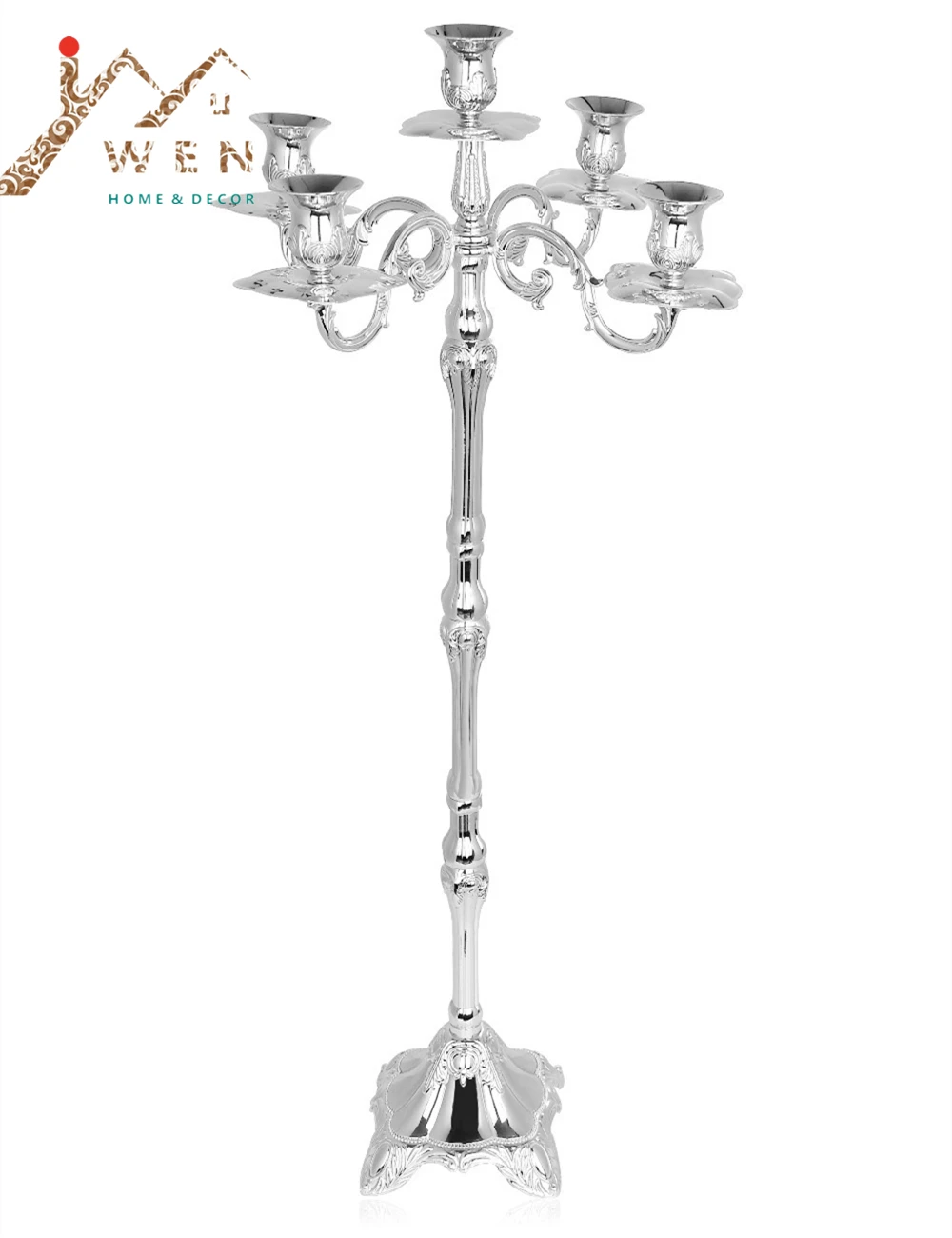 IMUWEN Top selling Shiny silver plated candelabra,  83cm height metal wedding candle holder of  5-arms, party or events use