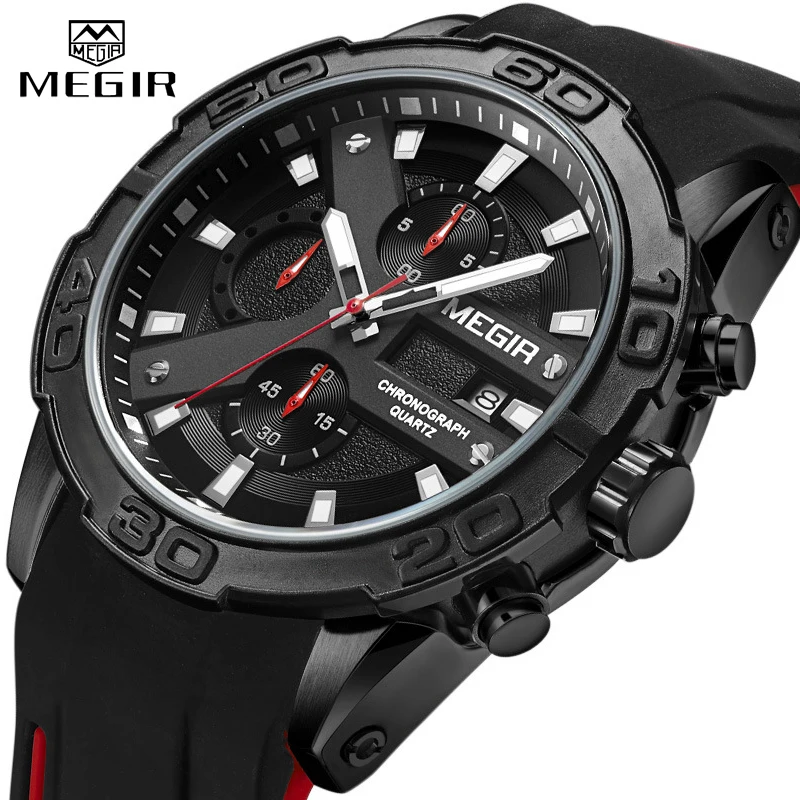 MEGIR Men Watches Analog Quartz Wristwatch Waterproof Sport Chronograph Silicone Military Watch Men Auto Date Relogio Masculino