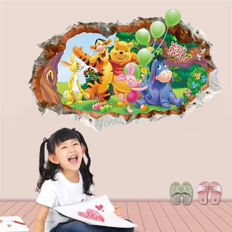 Winnie The Pooh Bear Wall Stickers For Kids Room Home Decoration 3d Broken Hole Cartoon Animals Mural Art Pvc Wall Decals Poster