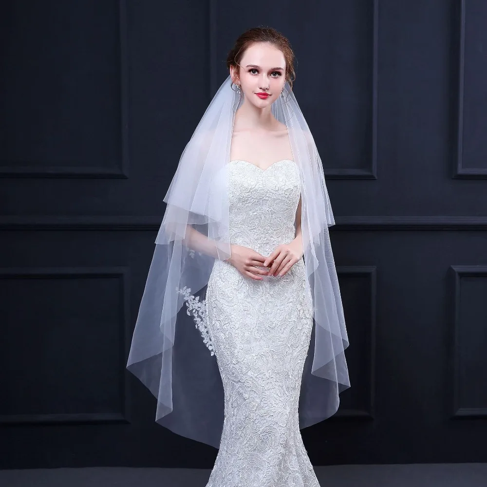 JaneVini Simple งาช้าง Tulle ผ้าคลุมหน้าเจ้าสาว 2 ชั้นพร้อมหวีปลายนิ้วความยาว Veil Appliques Elegant เจ้าสาวอุปกรณ์จัดงานแต่งงาน