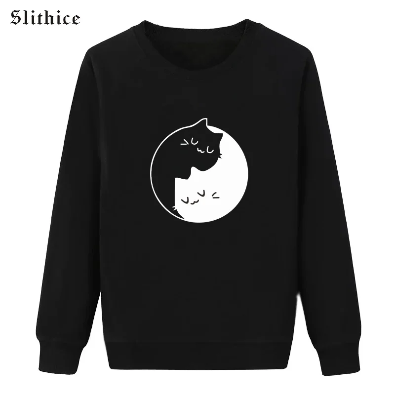 Slithice Harajuku White Black Cat opposite aesthetic Print Cats Sweatshirt for women Black Hipster Tumblr female hoodies Clothes