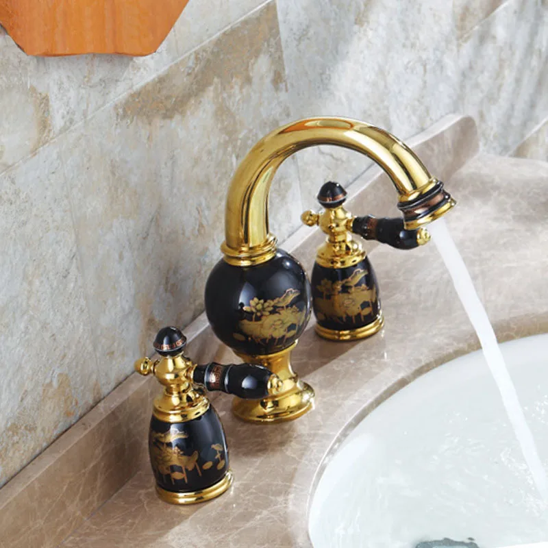 Basin Faucets Brass Ceramic Gold 3 Holes Double Handle Bathroom Sink Faucet Luxury Bathbasin Bathtub Taps Hot Cold Mixer Water