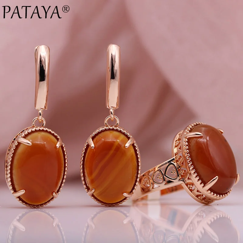 PATAYA New Moonstone Natural Stone Sets Women Wedding Hollow Fine Fashion Jewelry Set 585 Rose Gold Color Long Earrings Rings