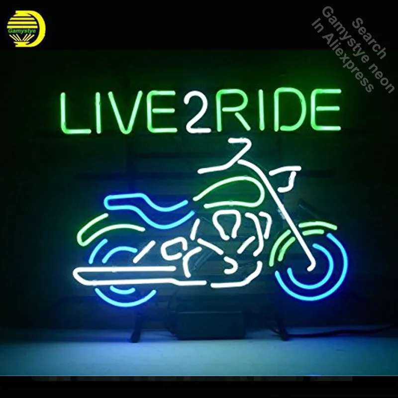 Tanda Neon LIVE RIDE, tanda bohlam Beruang kaca asli, lampu Neon, tanda dinding ikonis, tampilan ruang estetika dekorasi ruang