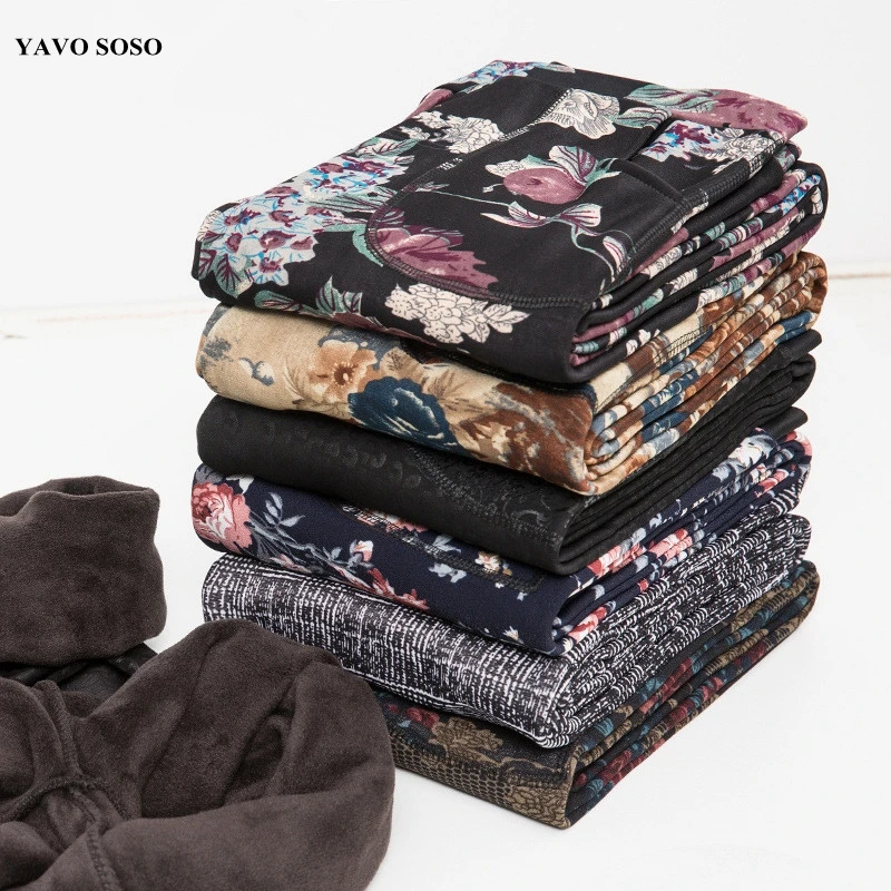 YAVO SOSO styl jesienno-zimowy Plus aksamitne ciepłe legginsy damskie Plus rozmiar XXXL drukowanie kwiatów 20 kolorów grube spodnie damskie