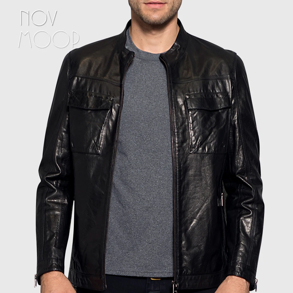 Winter autumn men black genuine leather real goatskin tanning leather jackets coats cuff zipper design jaqueta de couro LT2438