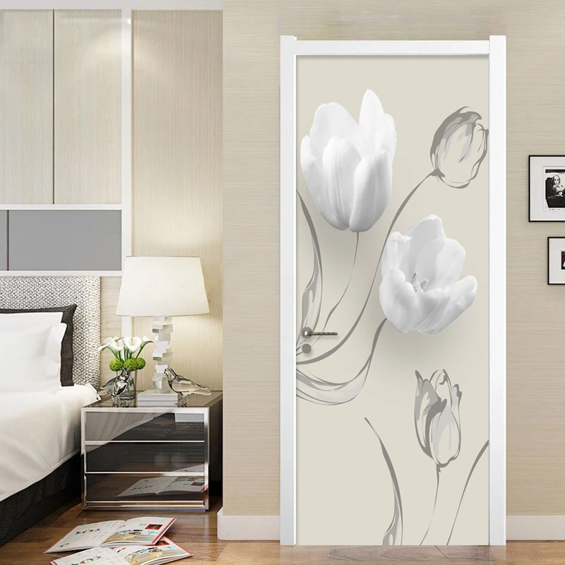 Modern Simple White Flowers Door Sticker Living Room Bedroom PVC Self-Adhesive Waterproof Mural Wallpaper For Walls 3 D Stickers