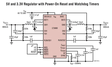 LT3688 LT3688EUF LT3688IUF - Doppio regolatore di commutazione step-down da 800 mA con ripristino di accensione e timer per cani da guardia