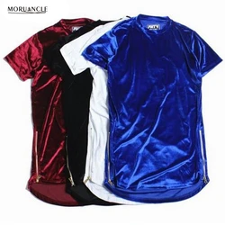 MORUANCLE New Fashion Hi-Street Men Extended Shirt Velour Hip Hop Longline T Shirts Golden Side Zipper Velvet Curved Hem Tee