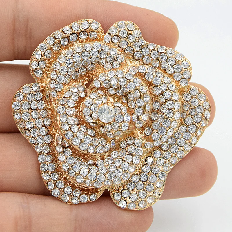 DHL FEDEX EXPRESS SHIPPING Wholesale Stunning Austria Crystals Big Gold Tone Rose Flower Brooch Wedding Bridal Bouquet Broach