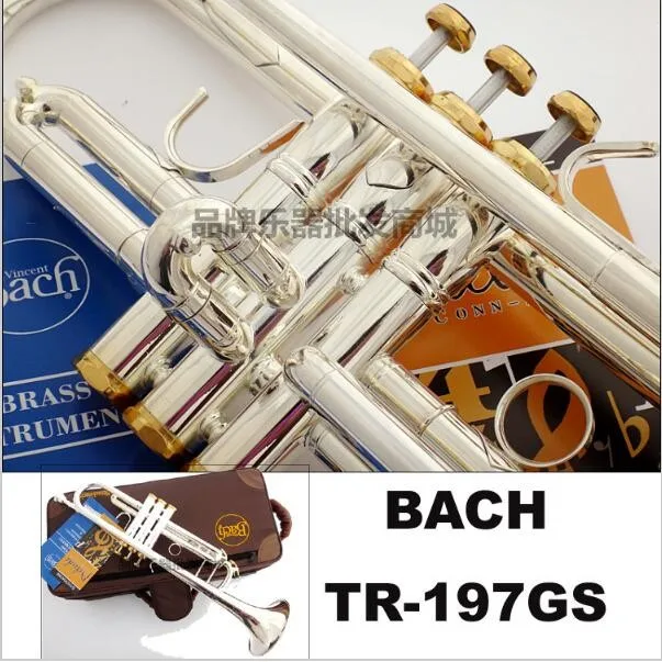 Professional Bach Trumpet Plate Silver Pipe Body Gold-Plated Key Carved Bb Trumpet Drop Adjustable Trompete Instrument TR-197GS