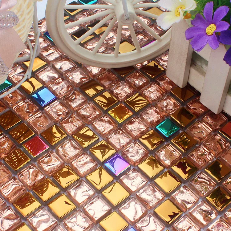 

Rainbow Gold Electroplating Pink Crystal Glass Mosaic Tiles for kitchen backsplash bathroom shower fireplace wall tile DIY home