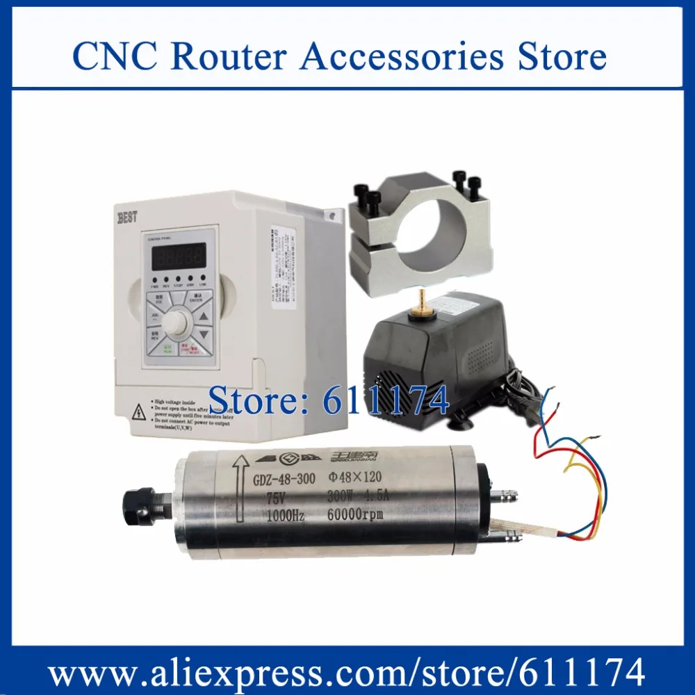 CNC Milliing spindle motor 300w 75V 60000rpm Water cooled + 1.5Kw AC220V Frequency VFD Inverter + 48mm bracket + 75w water pump