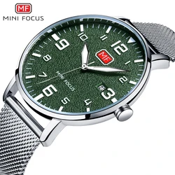 MINI FOCUS Men's Military Sports Quartz Watches Army Waterproof Mesh Strap Wristwatch Man Large Number Relogios Clock 0158 Green