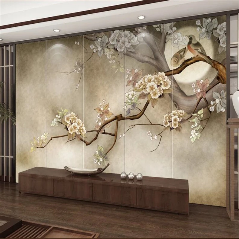 wellyu Custom wallpaper 3D murals Chinese style hand-painted flowers and birds big tree TV background wall painting wallpaper