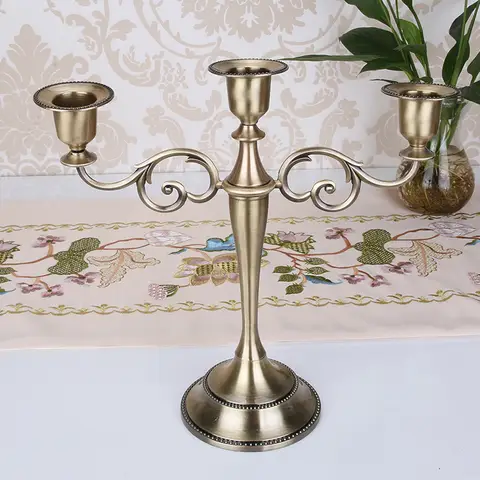 금속 골드 청동 도금 캔들 홀더 레트로 3 팔 Candelabra 결혼식 소품 촛불 저녁 식사 호텔 홈 인테리어