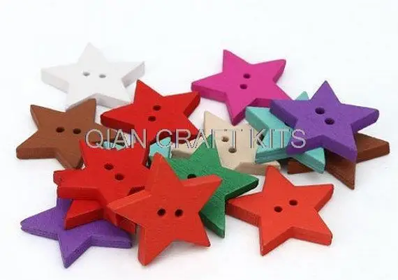 400pcs big colorful vintage Mixed Color painted 2 Holes Star Wood wooden Sewing Button Scrapbooking beads 18mm D25