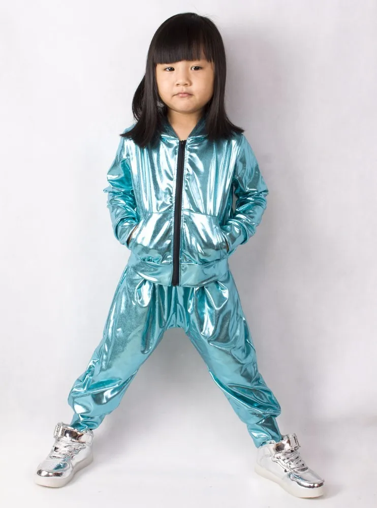 2021 Fashion Spring Autumn Kids Bomber Jacket Stage Performance Wear Paillette Feminina Casaco Neon Blue Hip Hop Dance Coat