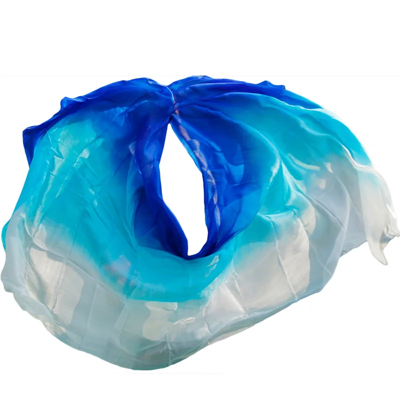 Diseño 100% velo de danza del vientre de seda real, velos de baile baratos, velo de kostum de tarifas perut al por mayor turquesa + azul real +