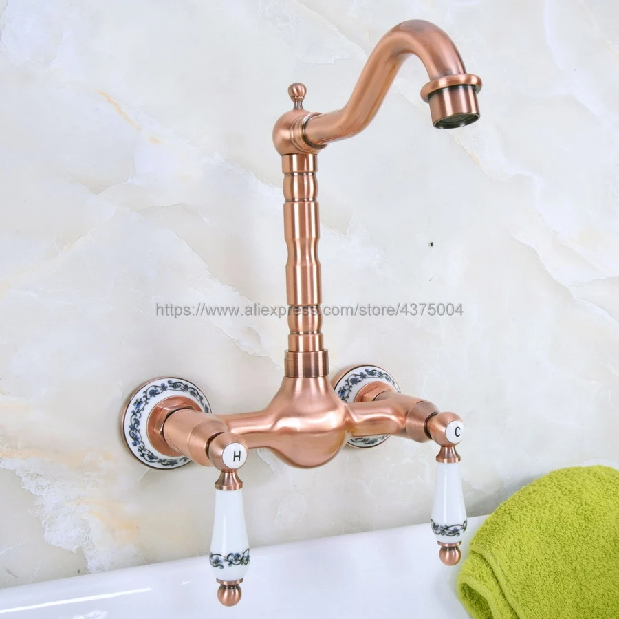 Antique Red Copper Bathroom Basin Swivel Spout Faucet Wall Mounted Dual Ceramic Handles Vessel Sink Mixer Taps Nnf954