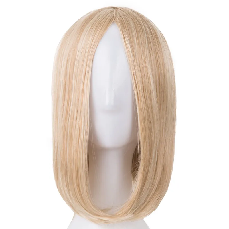 Fei-pokaż syntetyczne włókno termoodporne krótkie blond faliste zdjęcie, jak Bangs peruka kostium Cosplay Salon Party różowy Hairpiece