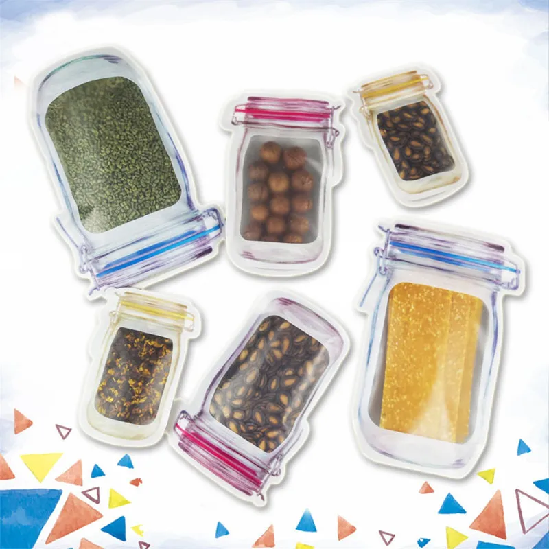 400pcs/lot Wholesale Mason Jar Shaped Food Container Plastic Bag Clear Mason Bottle Modeling Zippers Storage Snacks Plastic Box