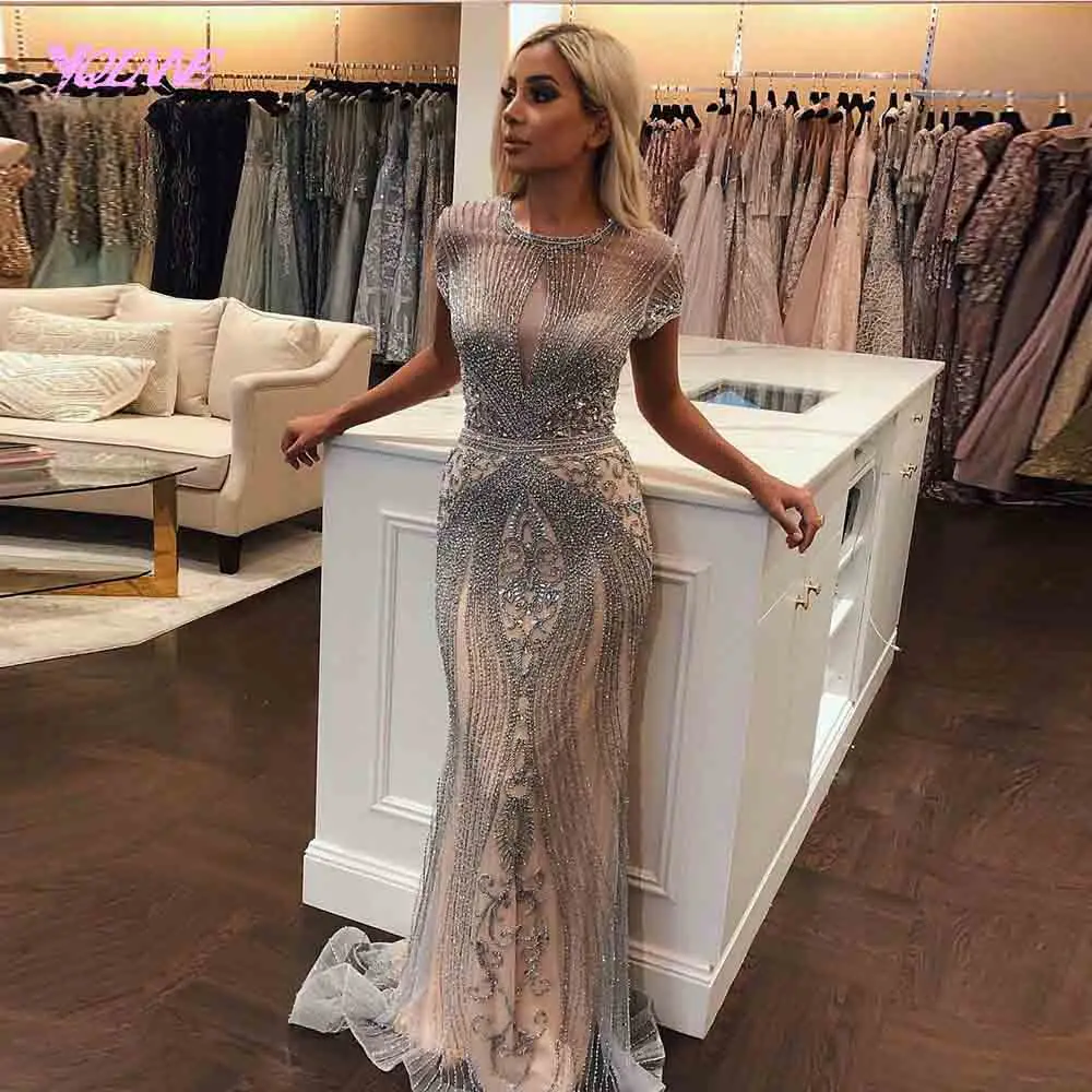 YQLNNE 2023 Luxury Rhinestones Nude Mermaid Evening Dress Long Evening Pageant Dresses Formal Gown robe de soiree