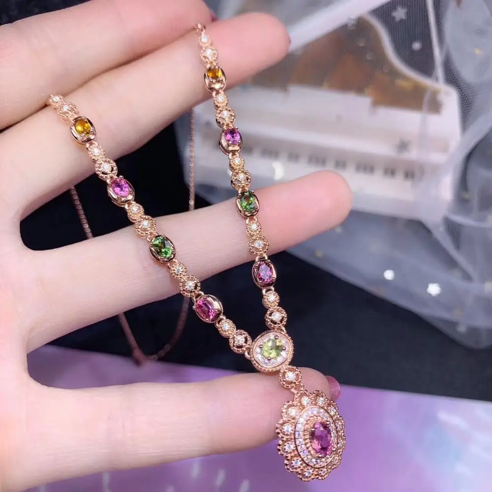 

light-luxury colorful tourmaline gemstone necklace for women real 925 silver material gold plated color natural gem party gift