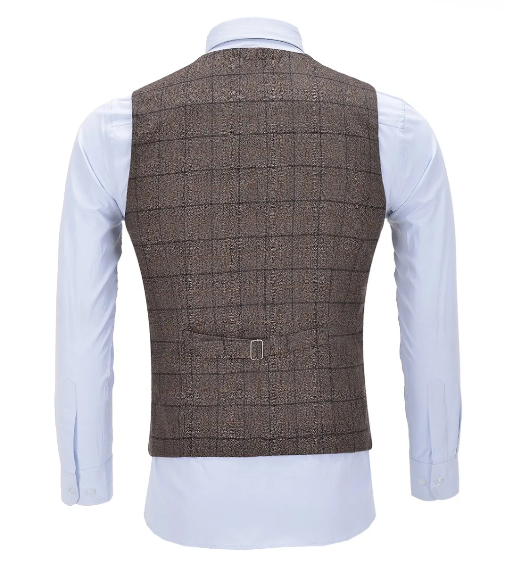 Mens Business Vest Boutique Slim Fit Single-breasted Cotton Suit Wool Plaid Brown Waistcoat For Wedding Formal Vest Groomsmen view 3