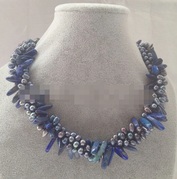 

stunning 17" 4row 8-22mm black baroque rice freshwater pearl + lapis lazuli necklace