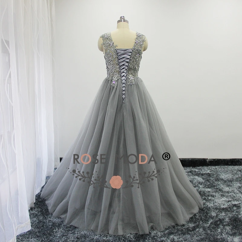 Vestido de noche de encaje con flores en 3D, color gris y plateado, color rosa, largo, para fiesta, fotos reales