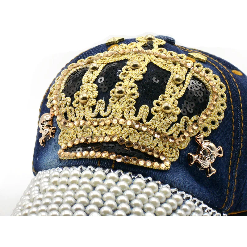 Luxury Women Baseball Cap Brand Bling Crown Pearl Sequins Hip Hop Cap Vintage Denim Snap Back Design Cap Casual Snapback Hat New