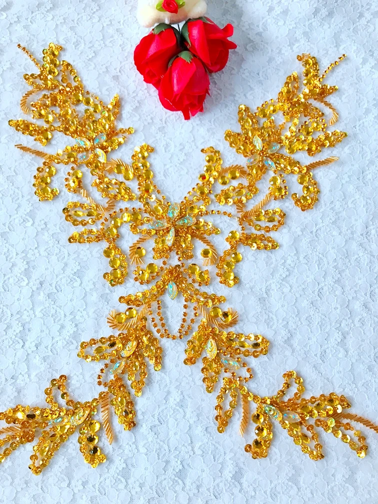 38*21cm handmade crystal patches trim sew on golden rhinestones applique for  dress  accessories