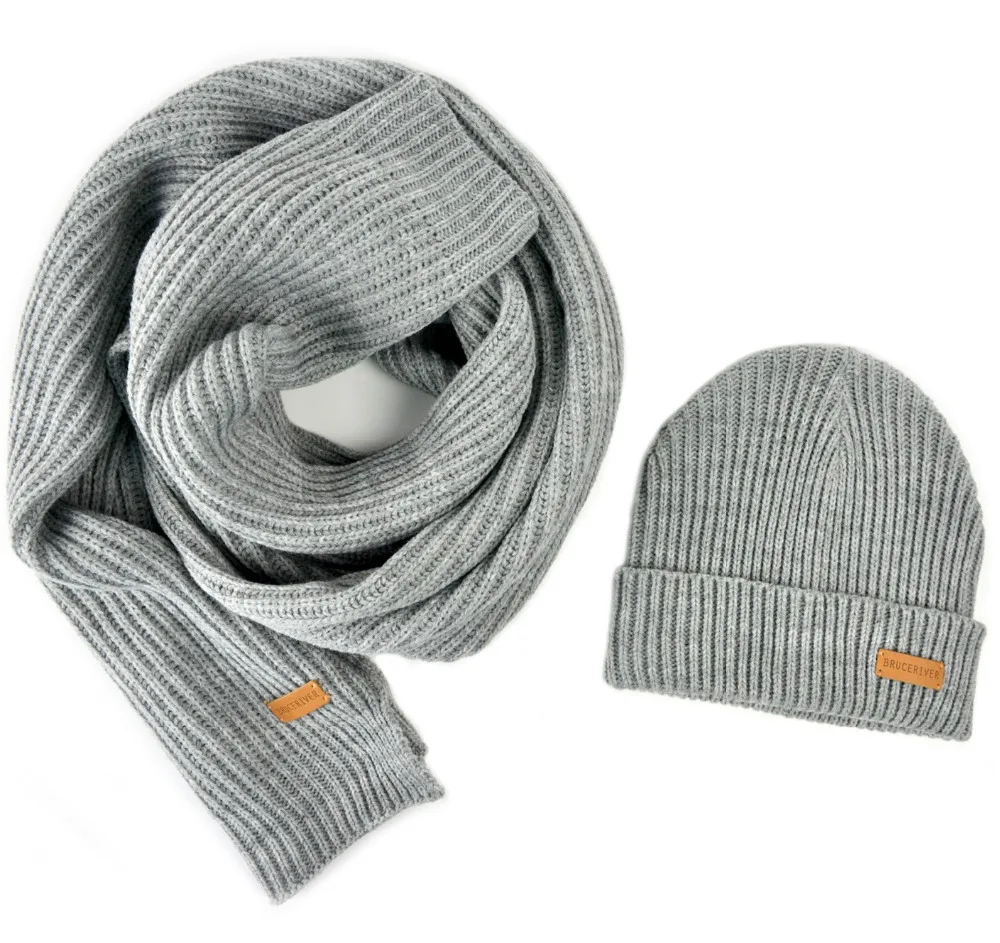 Bruceriver Pria Wanita Merajut Syal & Topi Beanie 2PC Set Heather Warna Musim Dingin