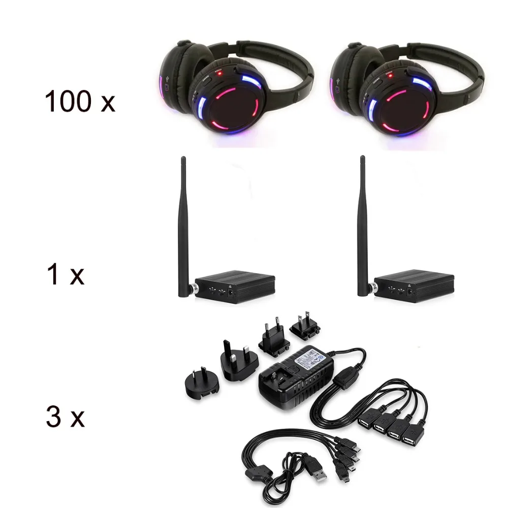 Original Silent Disco 3 Channels Headphones Led Wireless Headset 100pcs Bundle with One Transmitter