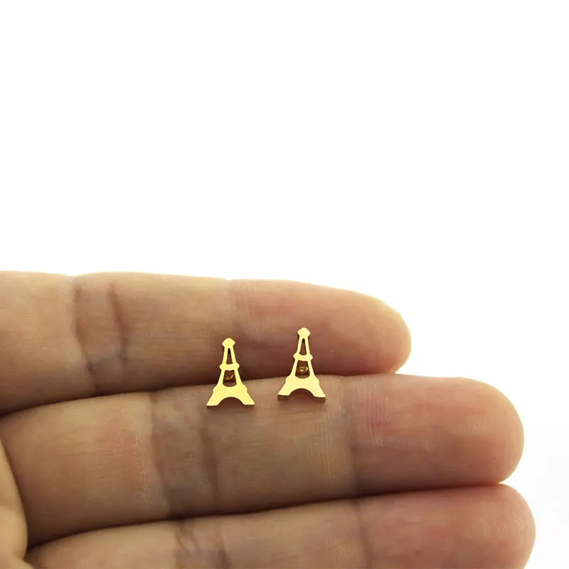 1Pair Tiny France Eiffel Tower Earrings Stainless Steel Earring Vacuum Plating GoldenEar Studs Jewelry For Women Kids Girls