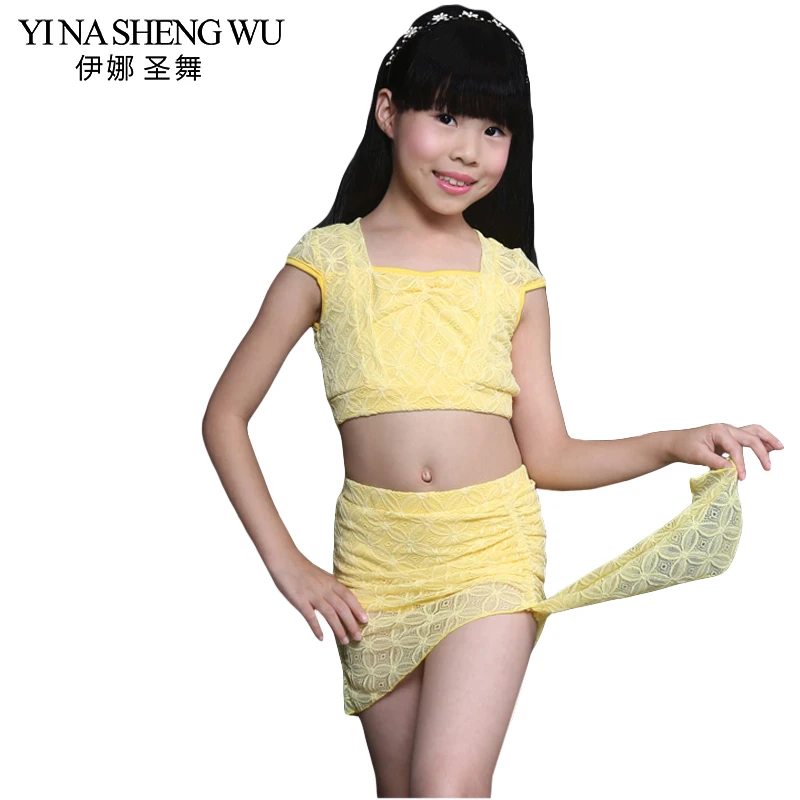 Belly Dance 2 Pcs Set New Children\'s Suit Three-dimensional Flower Lace Belly Dance Practice Costumes Children\'s Dance Clothing