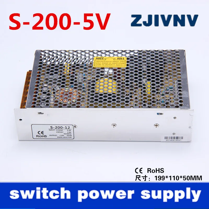 Wholsales 5V 40A 200W SMPS led switching power supply 5v CE RosH approved 110/220vac input :S-200-5