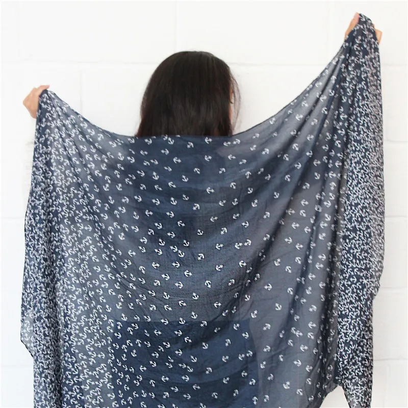 Jinjin.QC Anchor Printed Fashion Women Scarf Blue and White Hijab Vintage Shawl Bandana Girl Bufanda Mujer Echarpe Foulard Femme