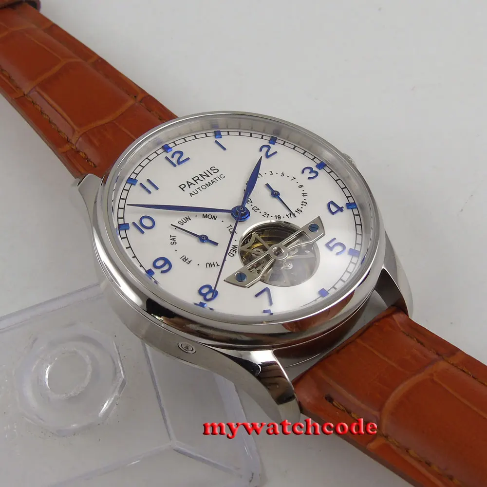 43mm parnis white dial date brown strap ST2552 automatic movement mens watch 902