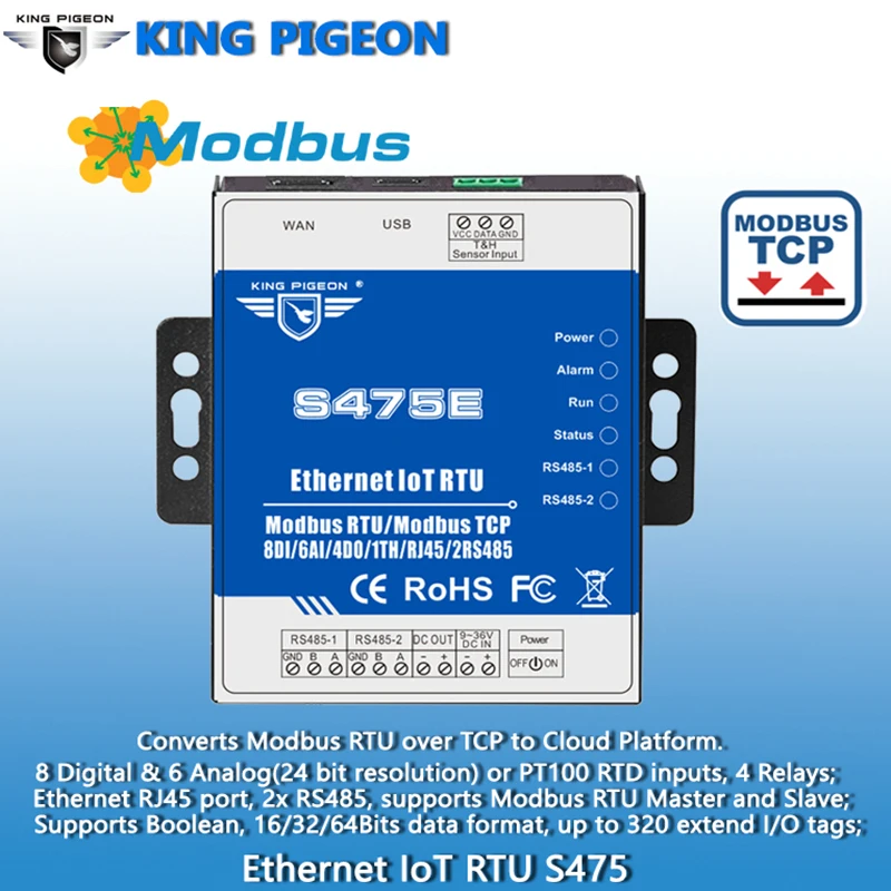 Programmeerbare Ethernet Iot Rtu Modbus Rtu Over Tcp Om Cloud Platform RS485 Seriële Server Met 8DI 6AI 4DO Ondersteunt 320 io Tags