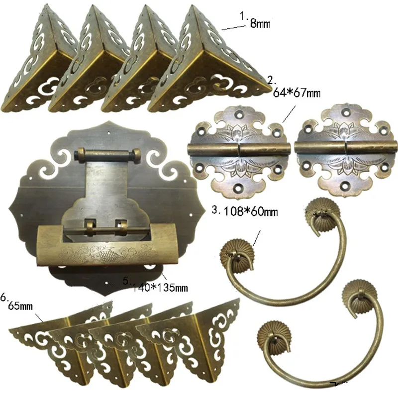 

Brass Hardware Set Antique Wooden Box Knobs and Handles +Hinges +Latch +Lock+Corner Protector Furniture Decoration