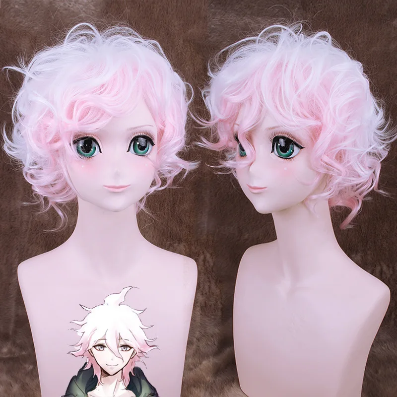 Danganronpa: Trigger Happy Havoc Komaeda Nagito Short Curly Cosplay Wig Synthetic Hair Halloween Costume White Pink Ombre Wigs