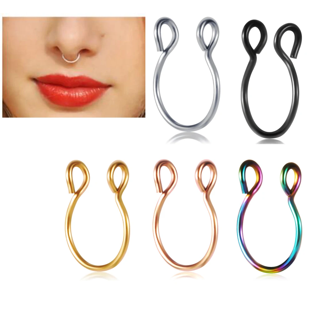 JUNLOWPY Stainless Steel Nose Rings Fake Septum Rings Hoop Nostril Piercing Tragus Earring Body Piercings Jewelry 100pcs 5 Color