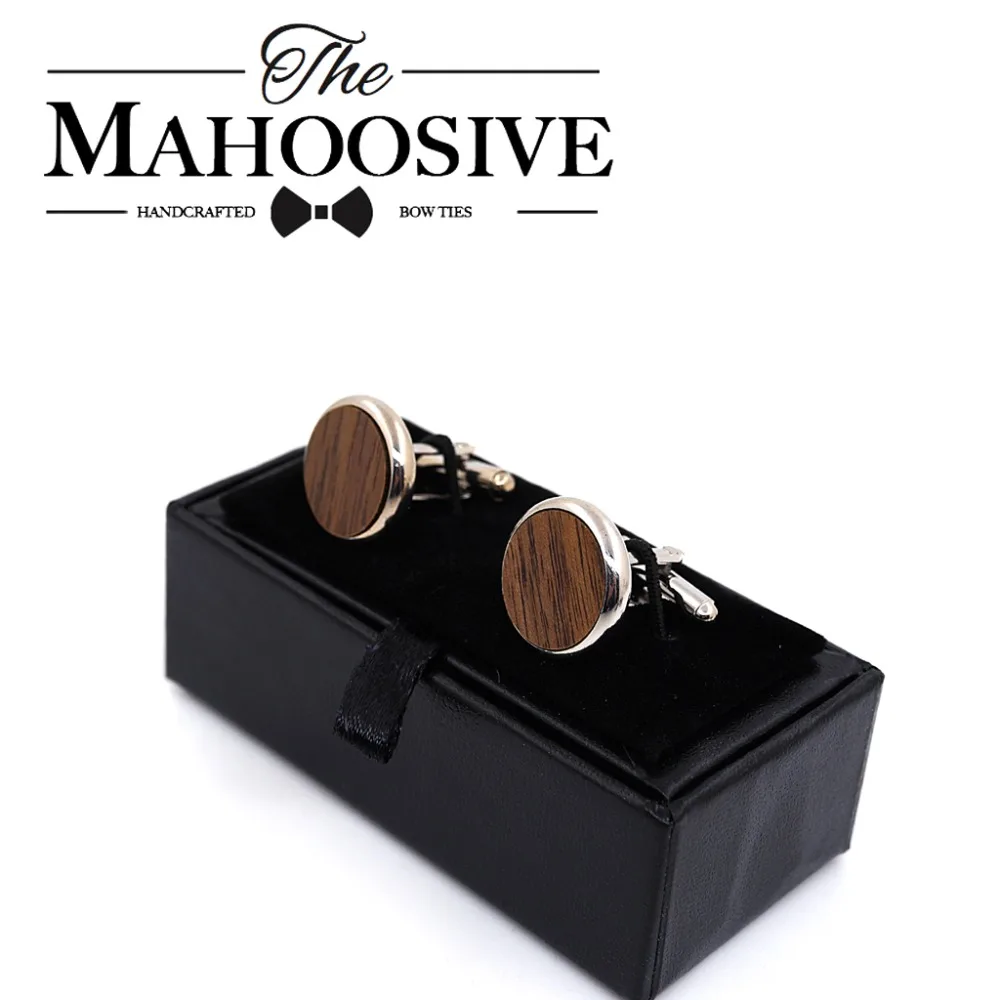 MAHOOSIVE Wooden Cufflinks Wedding Groom Round Black Walnut Cufflinks For Mens shirt accessories Casual Cuff Link with Gift box