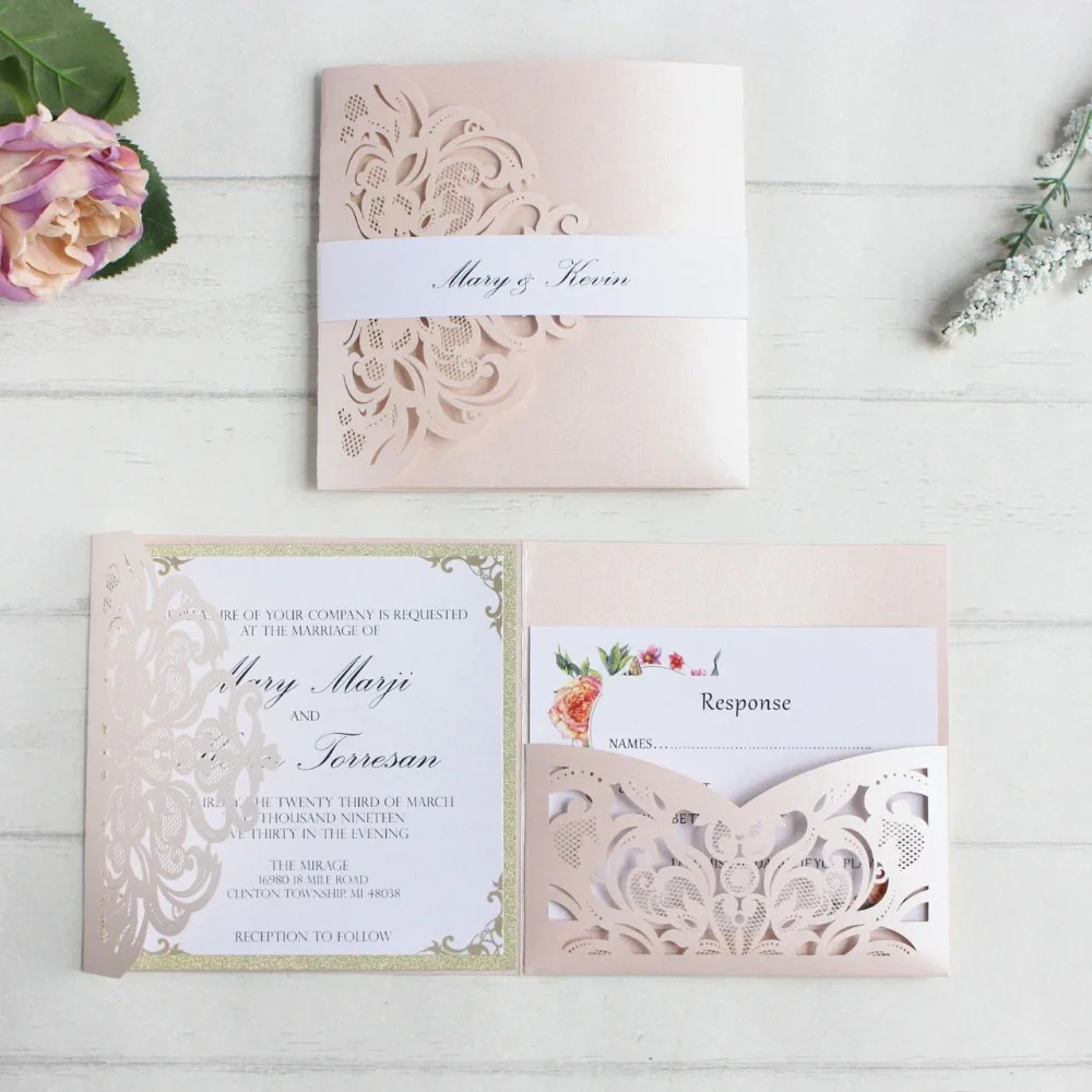 

Soft Pink Wedding Invitations Card Laser Pocket Bridal Marriage Invite Customized Printing Insert Belly Band RSVP